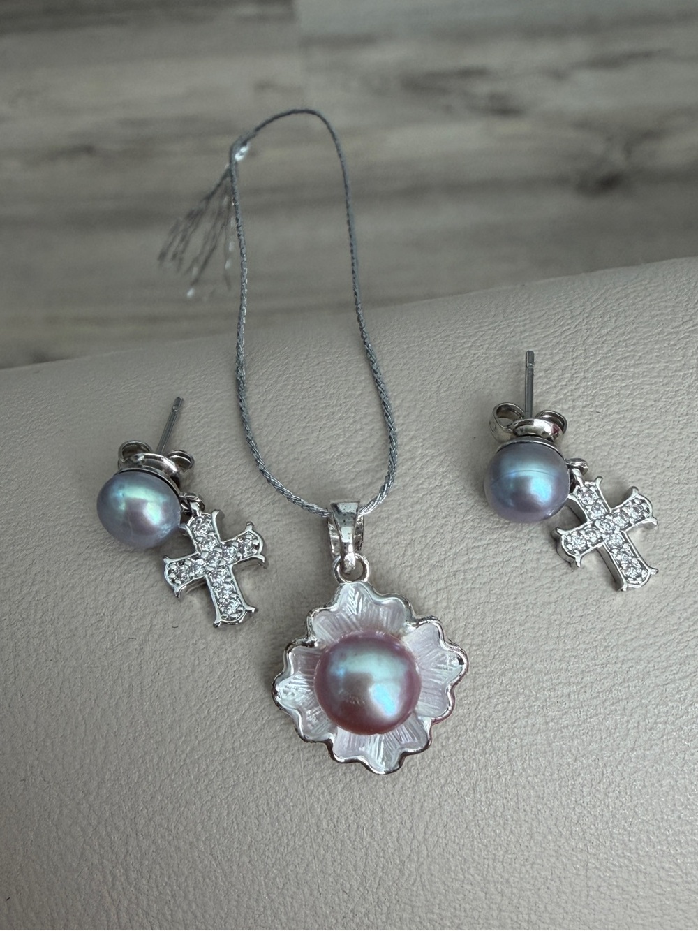 Genuine pearl cross Earring and Pendant Set